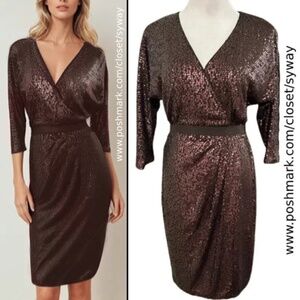 Suzi Chin Brown Dolman Quarter Sleeve V-Neck Copper Sequin Dress